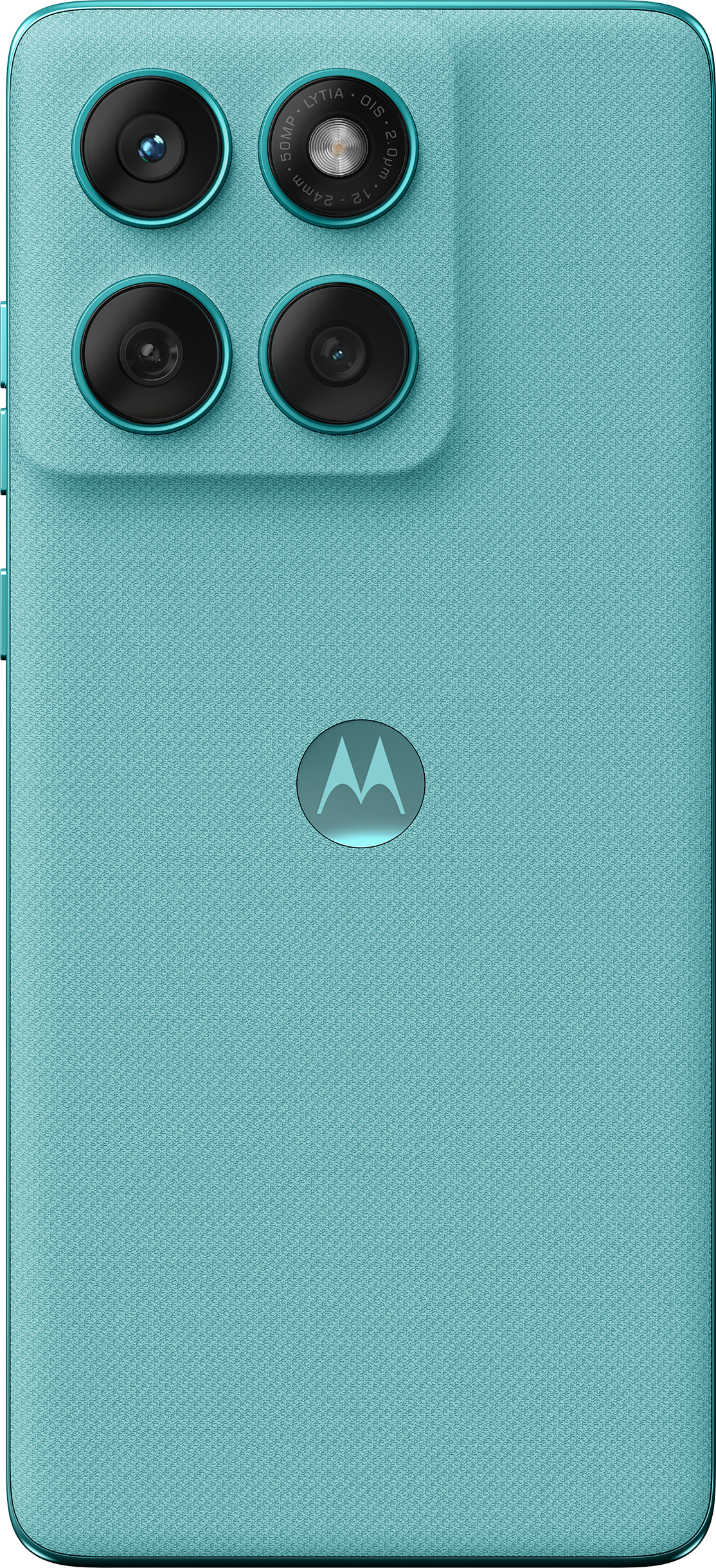 Eine teal-farbene Telefonrückseite mit vier Kameras. Das Motorola-Logo befindet sich in der Mitte.