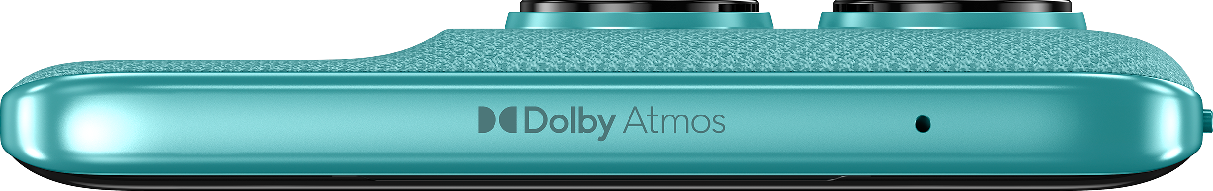 Die Unterkante eines türkisfarbenen Telefons mit Dolby Atmos Logo und Kameradetails.
