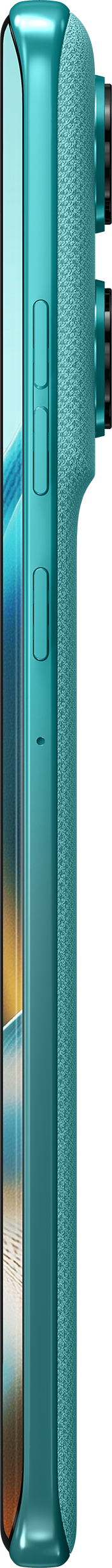 Seitenansicht eines türkisblauen Telefons mit Knöpfen auf der rechten Seite, schwarzer Hintergrund, schlankes Design.