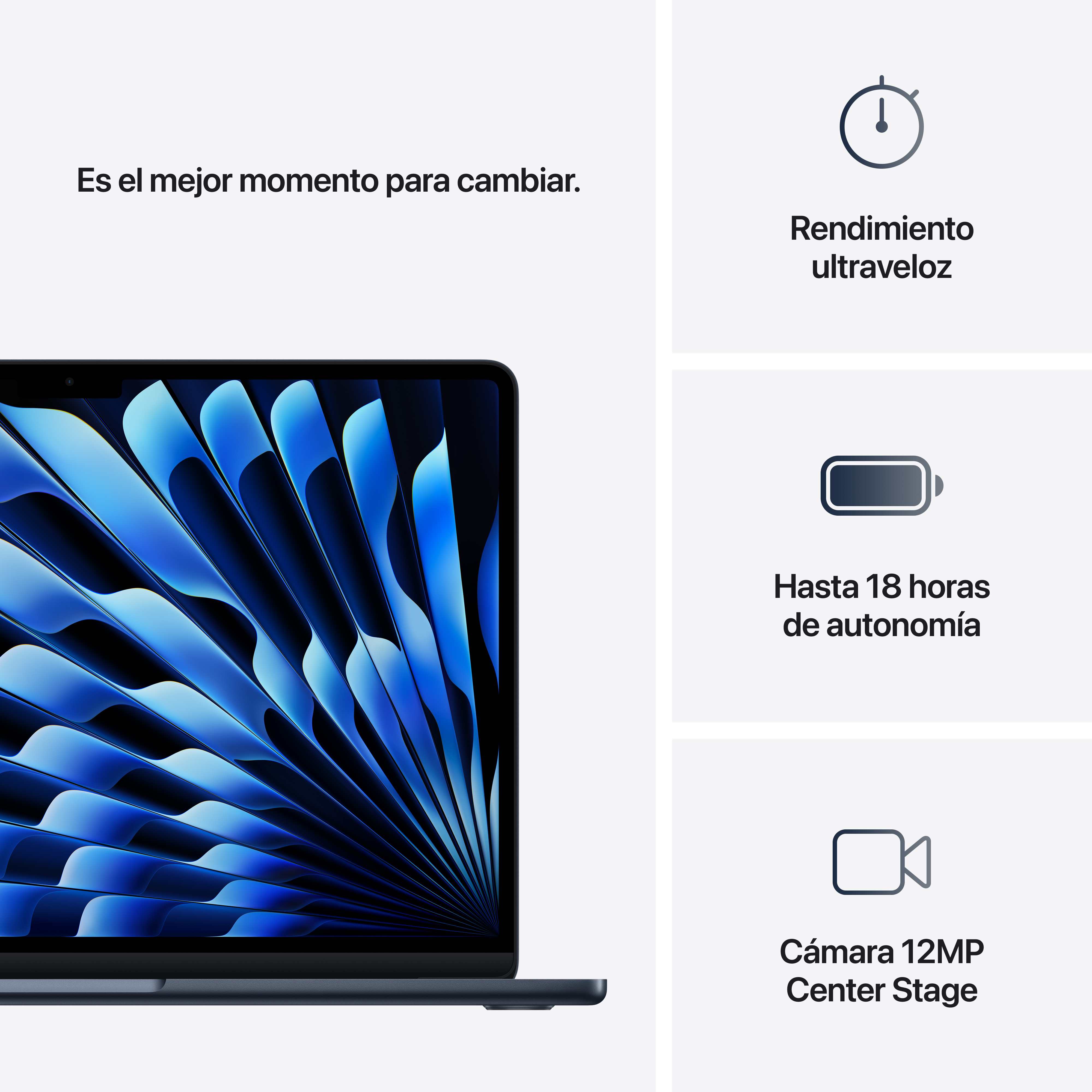 Portátil con pantalla azul y negra, texto e iconos en español a la derecha.