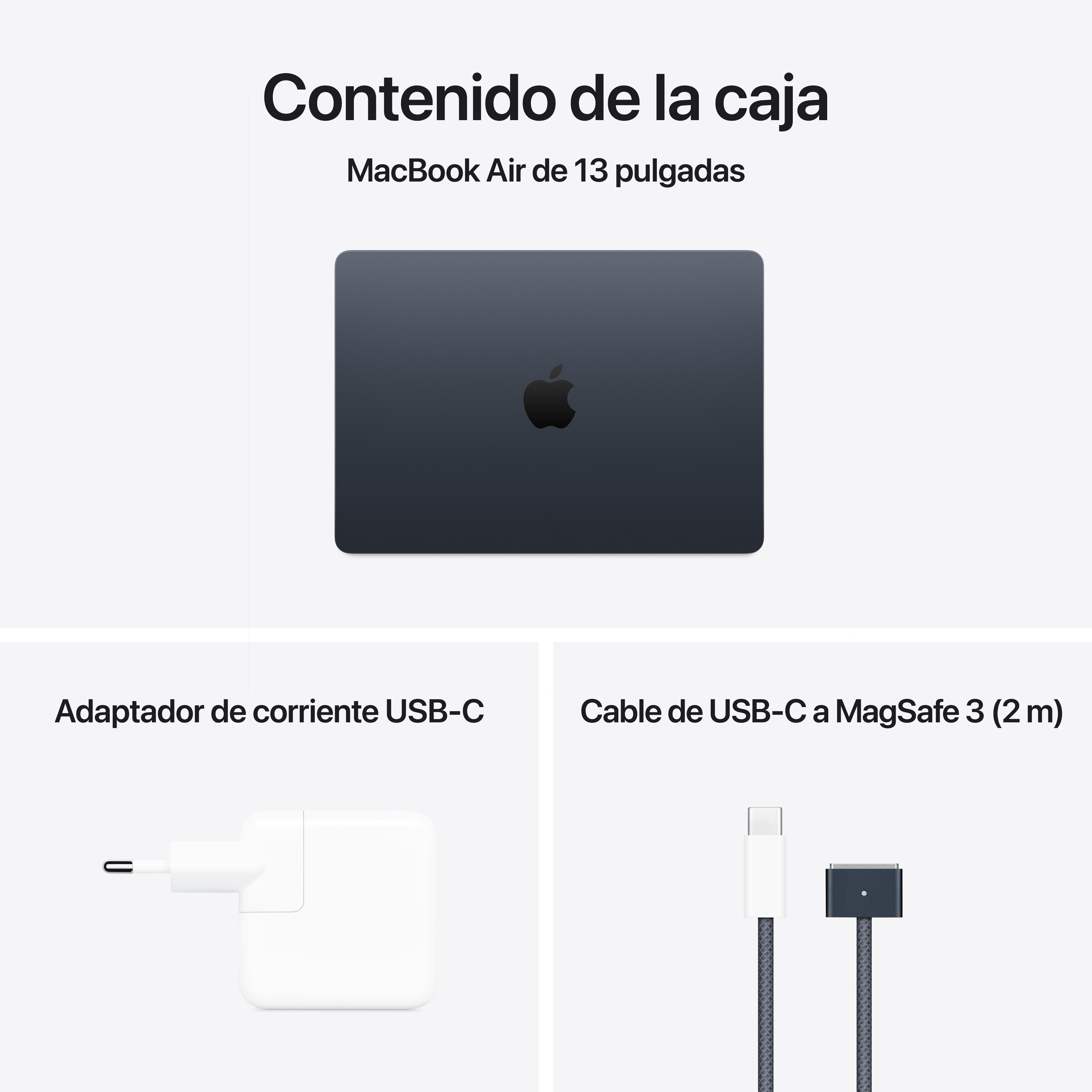 Portátil abierto con accesorios: adaptador de corriente USB-C y cable USB-C a MagSafe 3. Portátil color Medianoche.