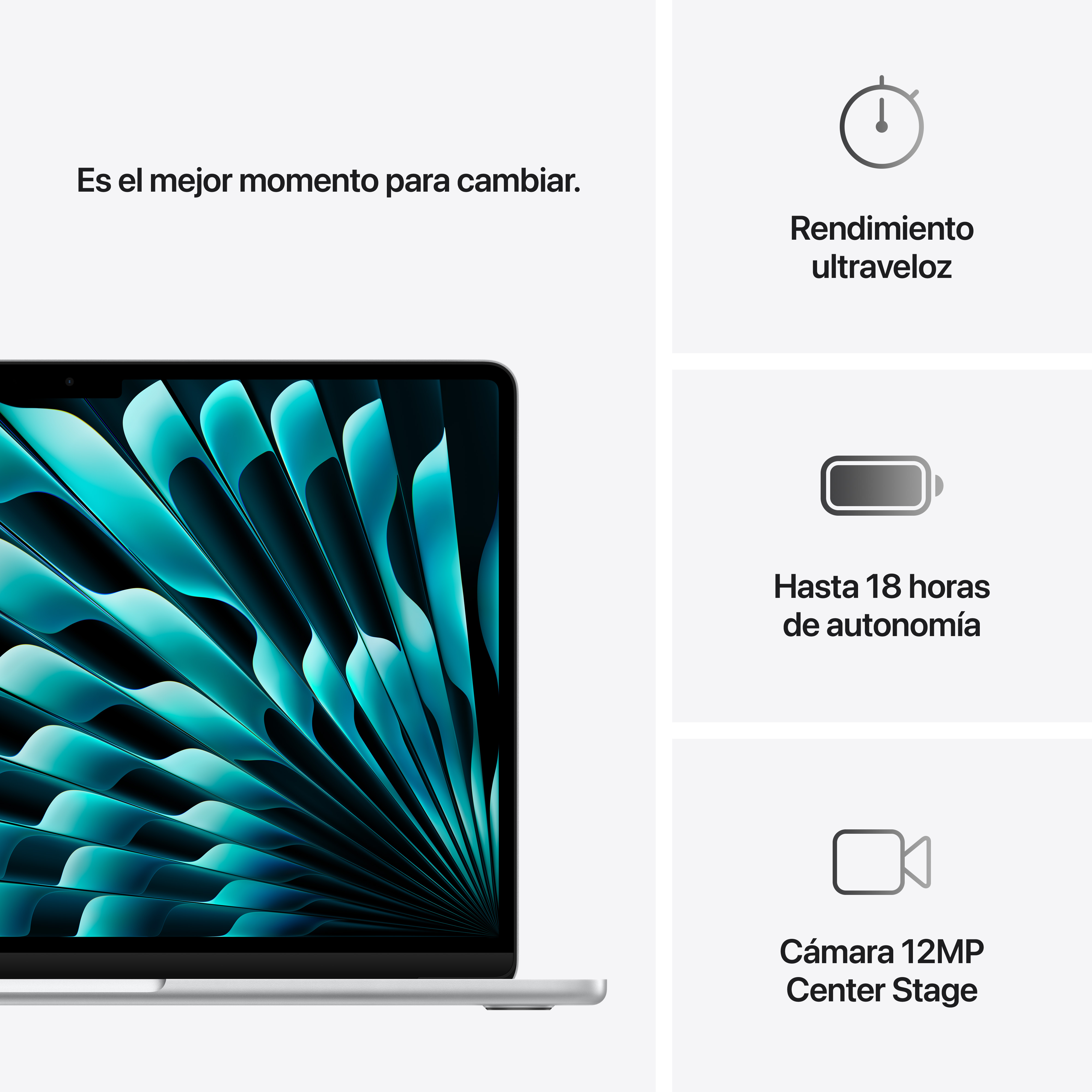 Portátil con pantalla que muestra un diseño abstracto azul y verde. Texto: 'El mejor momento para cambiar'.