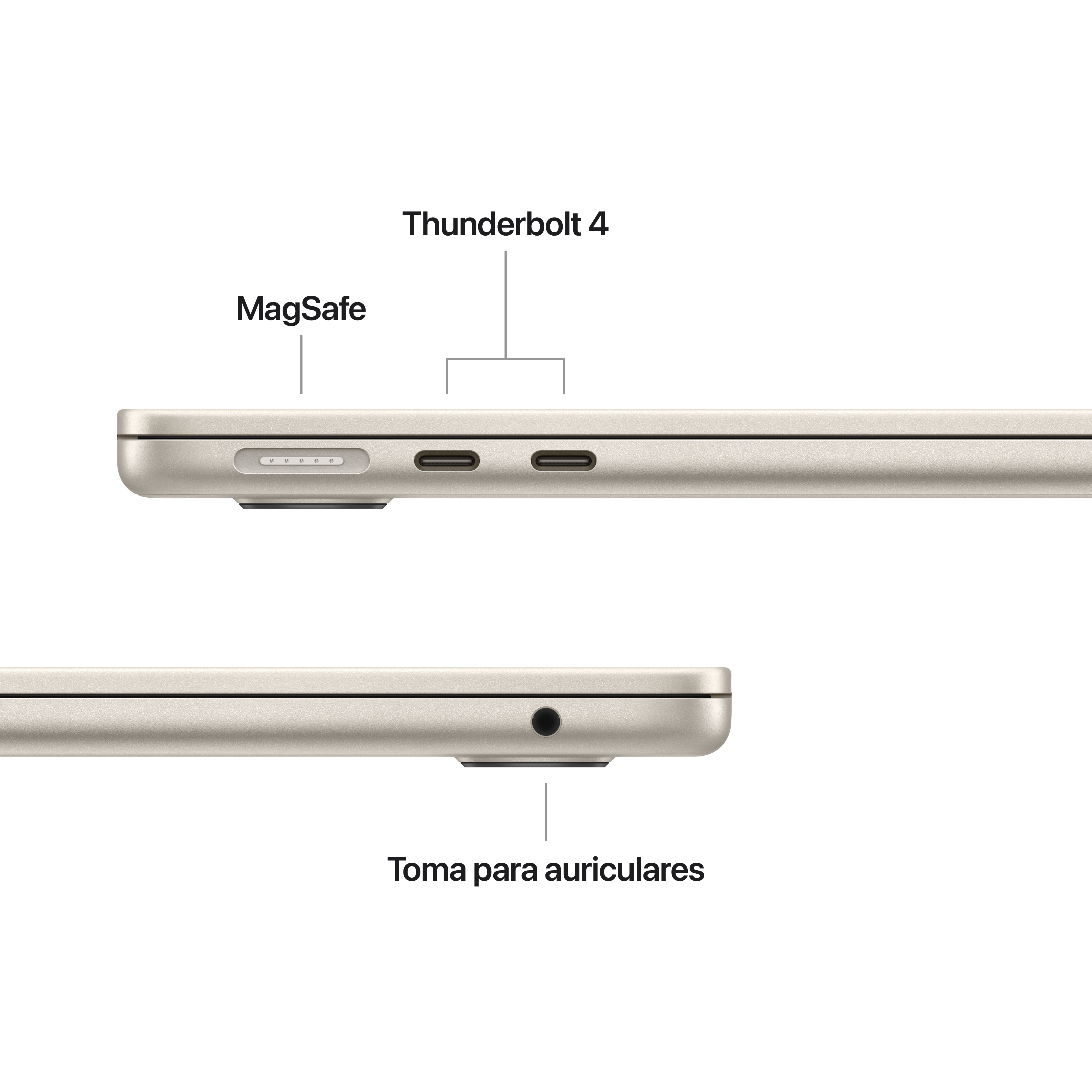 Primer plano del lado de un portátil con puertos etiquetados: MagSafe, Thunderbolt 4 y conector para auriculares.