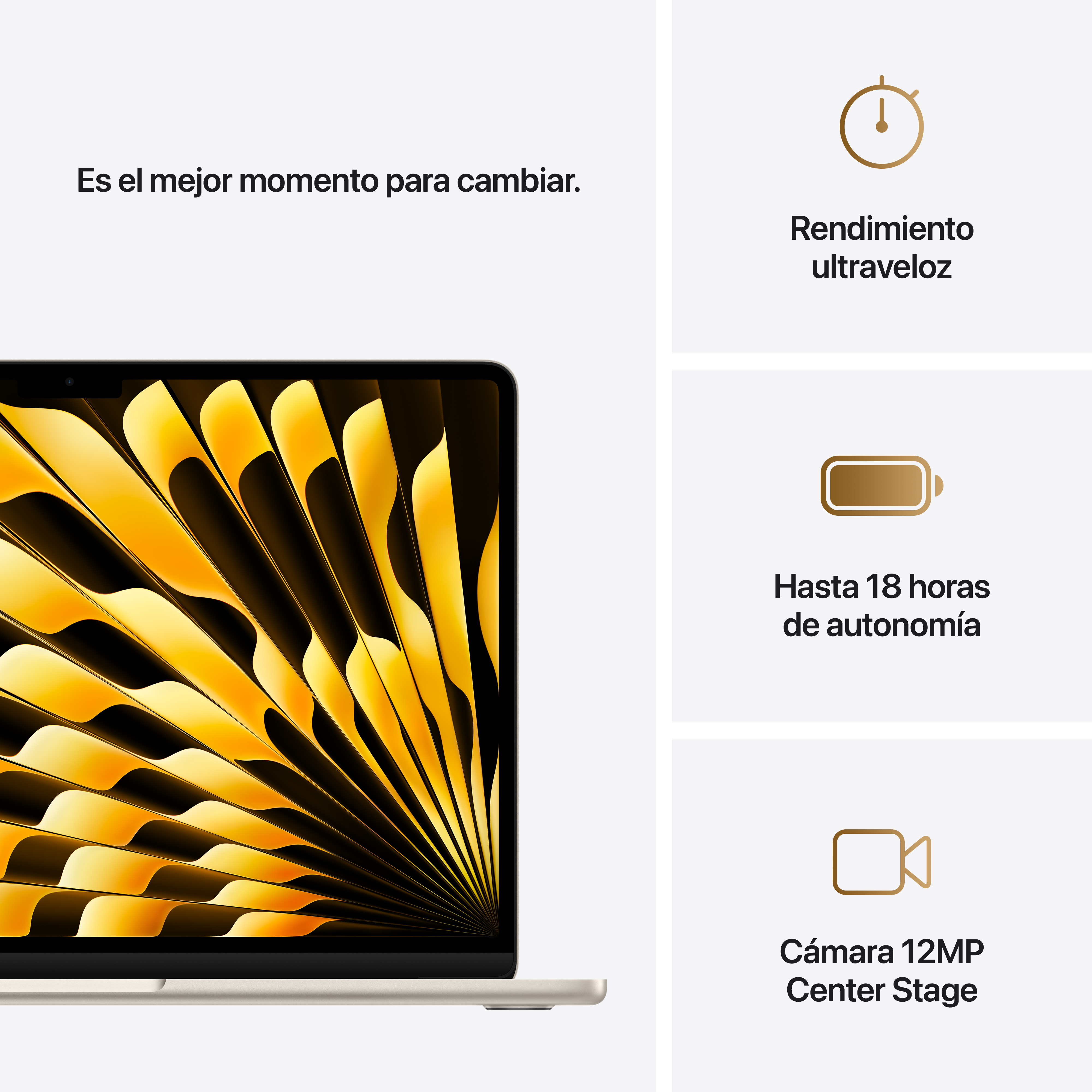 Portátil con texto: Es el mejor momento para cambiar. Características con iconos.