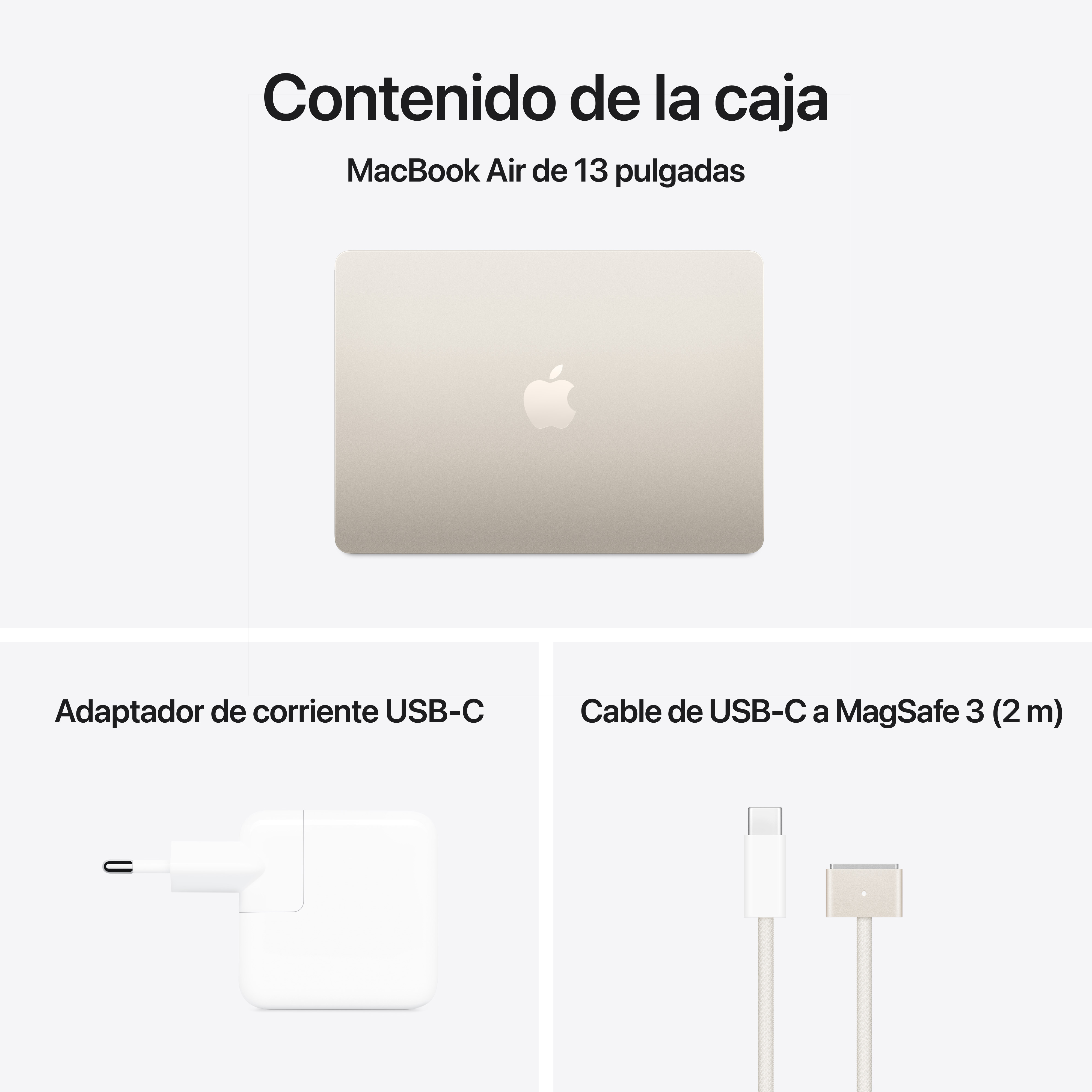 Un portátil, un cargador y un cable USB-C a MagSafe 3. Todos los elementos sobre fondo blanco.