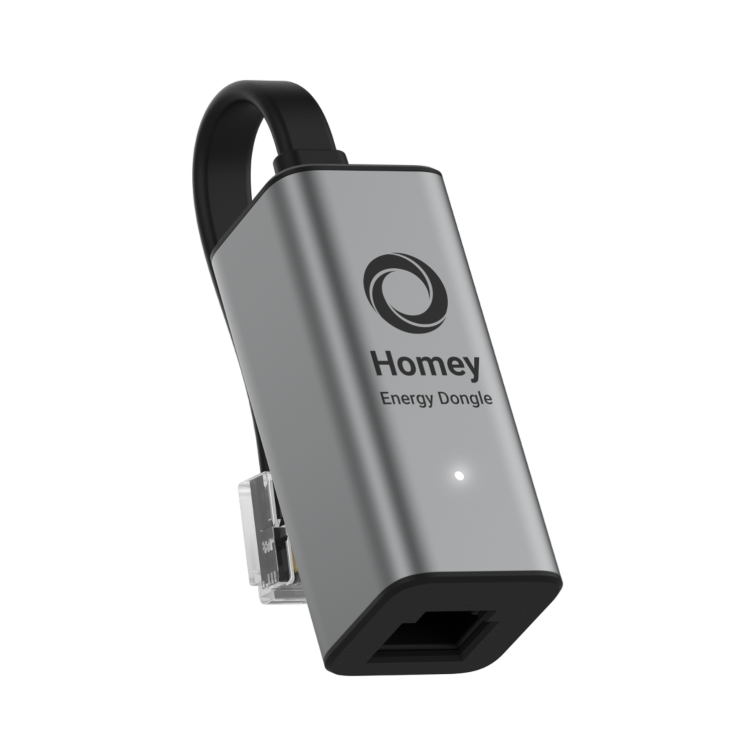 Zilver en zwarte Homey Energy Dongle. Met Homey-logo en een Ethernetpoort. Zwarte achtergrond.