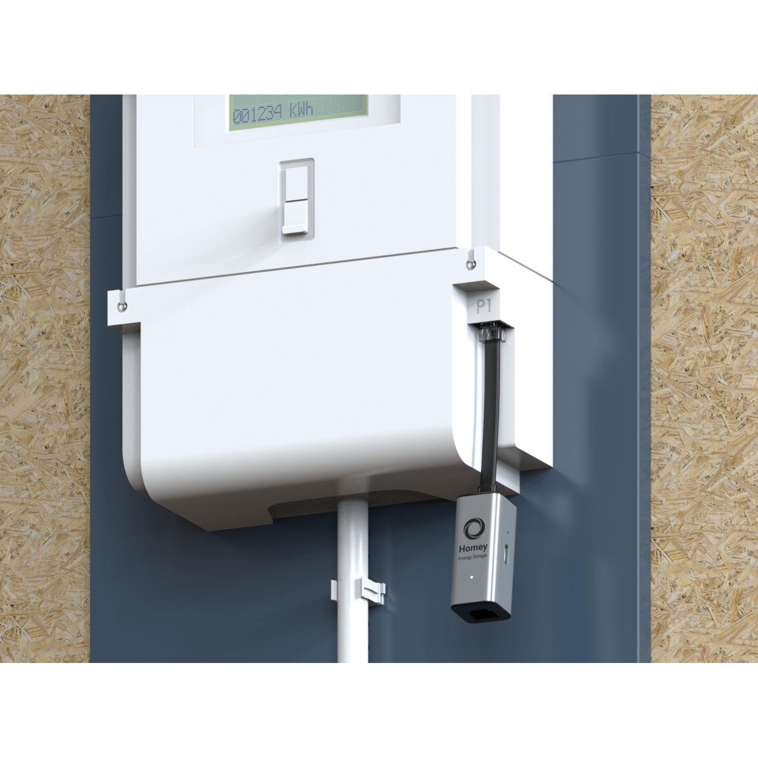 Witte energiemeter op blauwe muur. Homey dongle aangesloten.