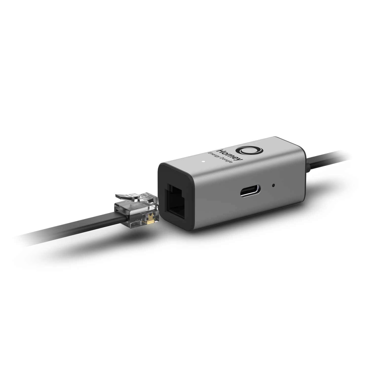 Een zilveren adapter met een poort en een connector, met een zwarte kabel bevestigd.