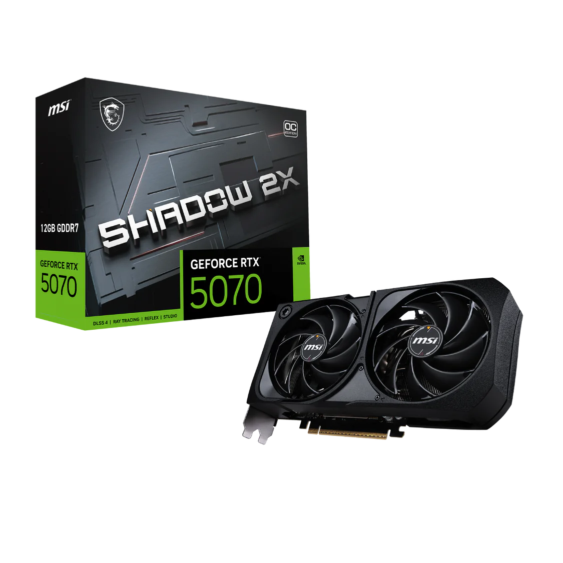 Tarjeta gráfica MSI GeForce RTX 5070 y caja. La caja tiene un diseño negro y verde, la tarjeta es negra.
