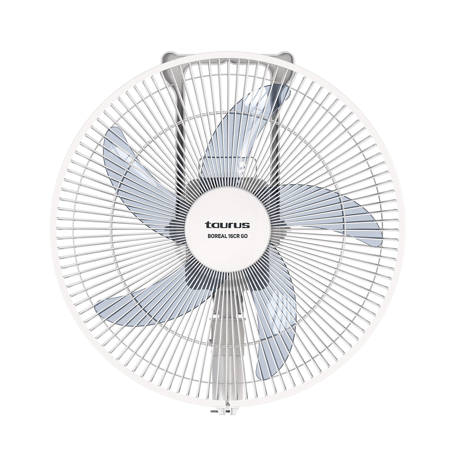 Toma cenital de un ventilador blanco con aspas grises. La marca "Taurus" está en el centro.