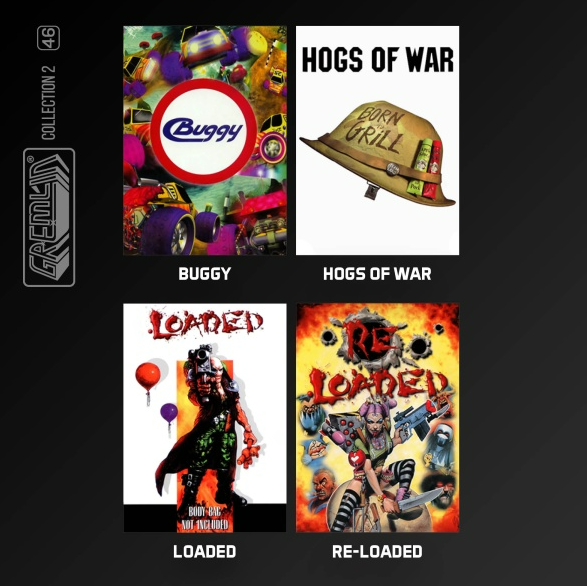 Vier Videospiel-Cover werden angezeigt, darunter 'Buggy', 'Hogs of War', 'Loaded' und 'Re-Loaded'.