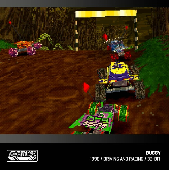 Retro-Rennspiel-Bildschirm. Verpixelte Autos rasen auf einer Rennstrecke. Wertung sichtbar.
