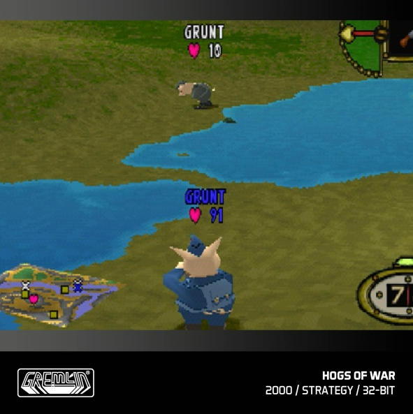 Ein Retro-Videospielbildschirm von Hogs of War. Zwei Charaktere sind mit Gesundheitsbalken darüber sichtbar.