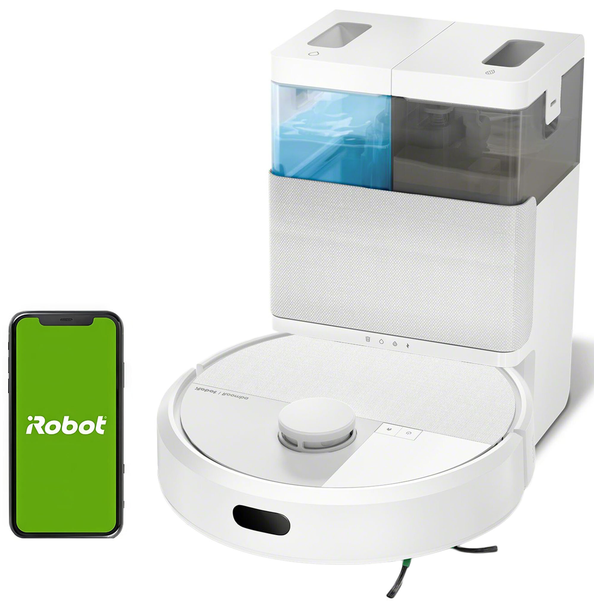 Biały odkurzacz automatyczny i smartfon z logo Robot.