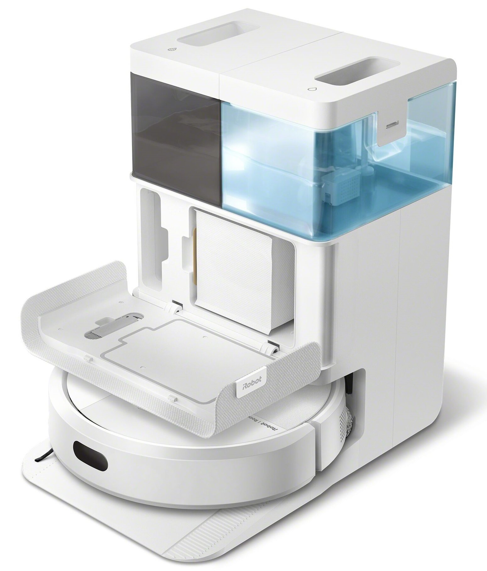 Biały odkurzacz robot z stacją dokującą, otwarte drzwi odsłaniające wnętrze.