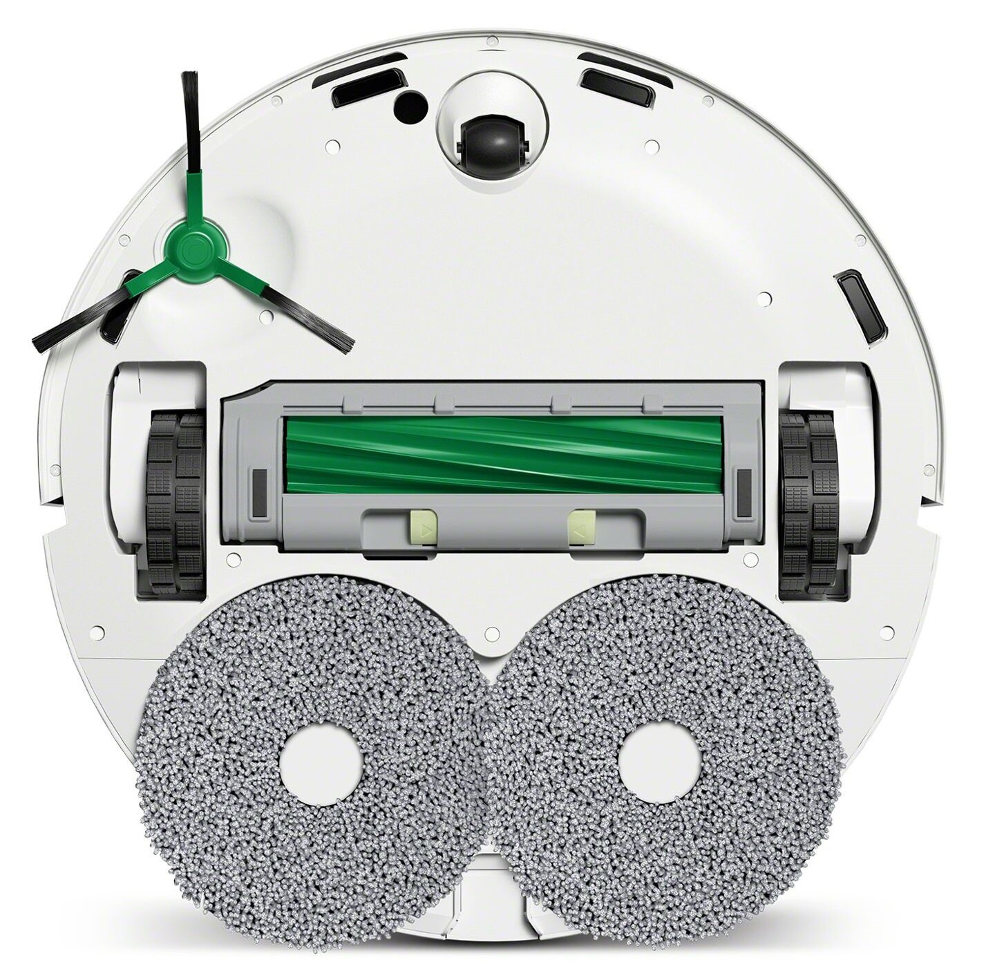 Widok z góry na robota sprzątającego z szczotką, kołami i nakładkami czyszczącymi. Biały korpus i zielone akcenty.