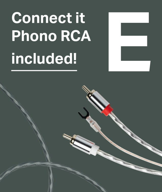Cinch-Kabel mit roten und weißen Steckern. Text: „Connect it Phono RCA included!“