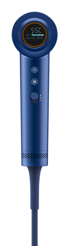 Un secador de pelo azul con una pantalla digital y varios botones.