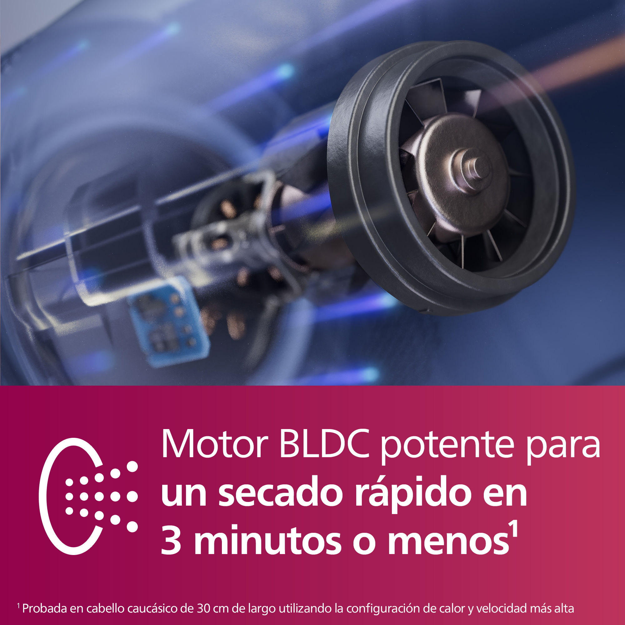 Primer plano de un ventilador dentro de un secador de pelo, con texto y fondo azul.