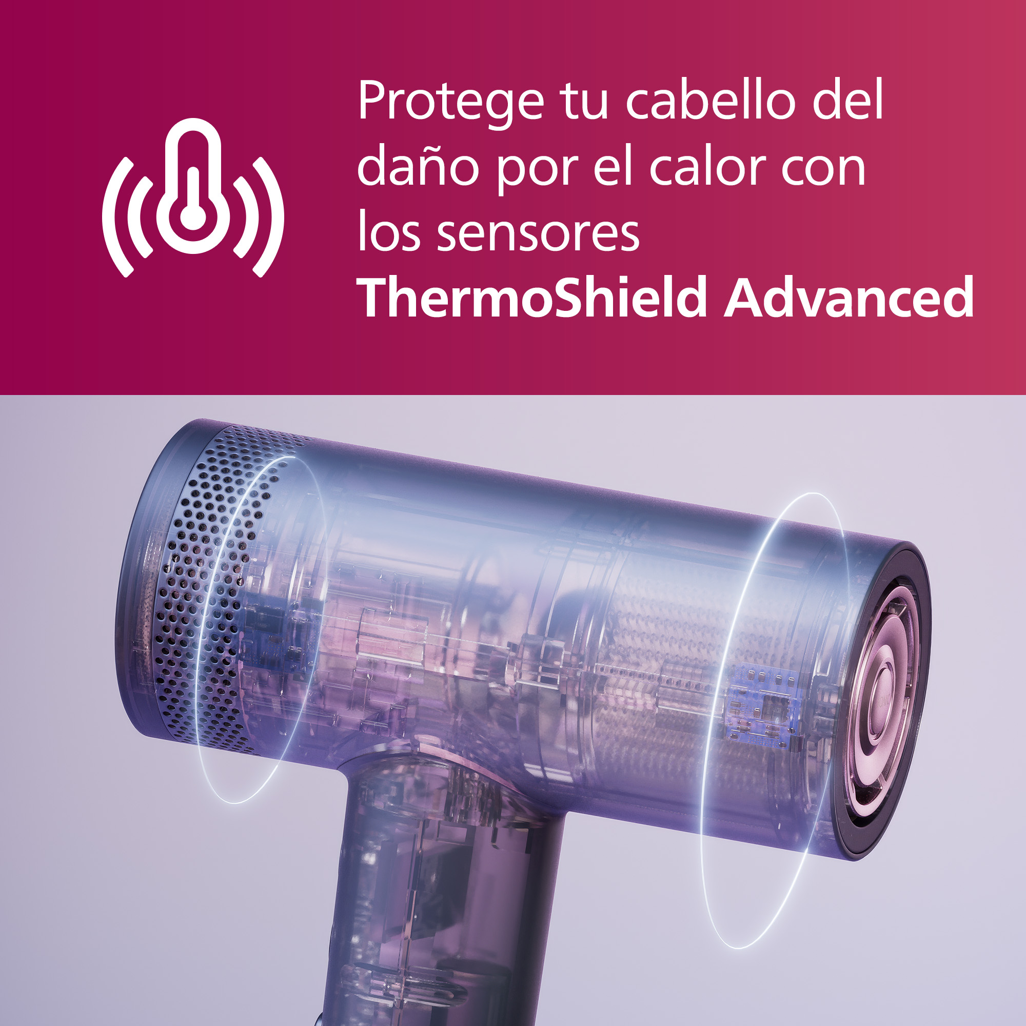 Secador de pelo con barril transparente, mostrando componentes internos. El texto describe sensores ThermoShield Advanced.
