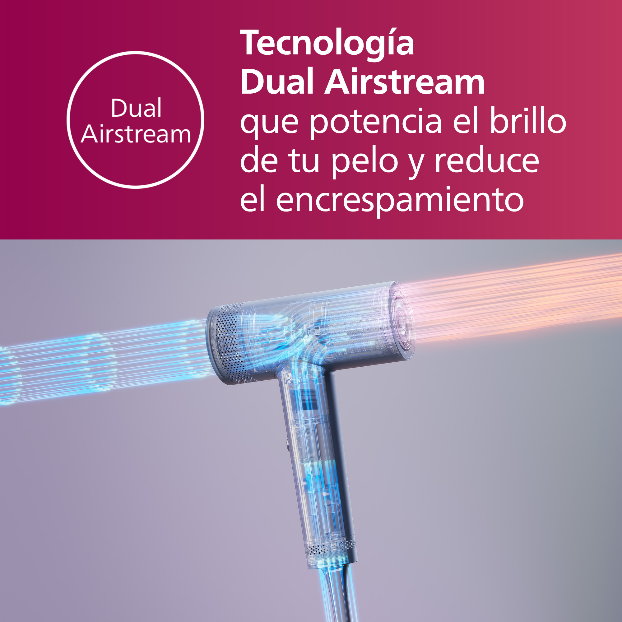 Secador de pelo con tecnología Dual Airstream. El fondo muestra flujo de aire.