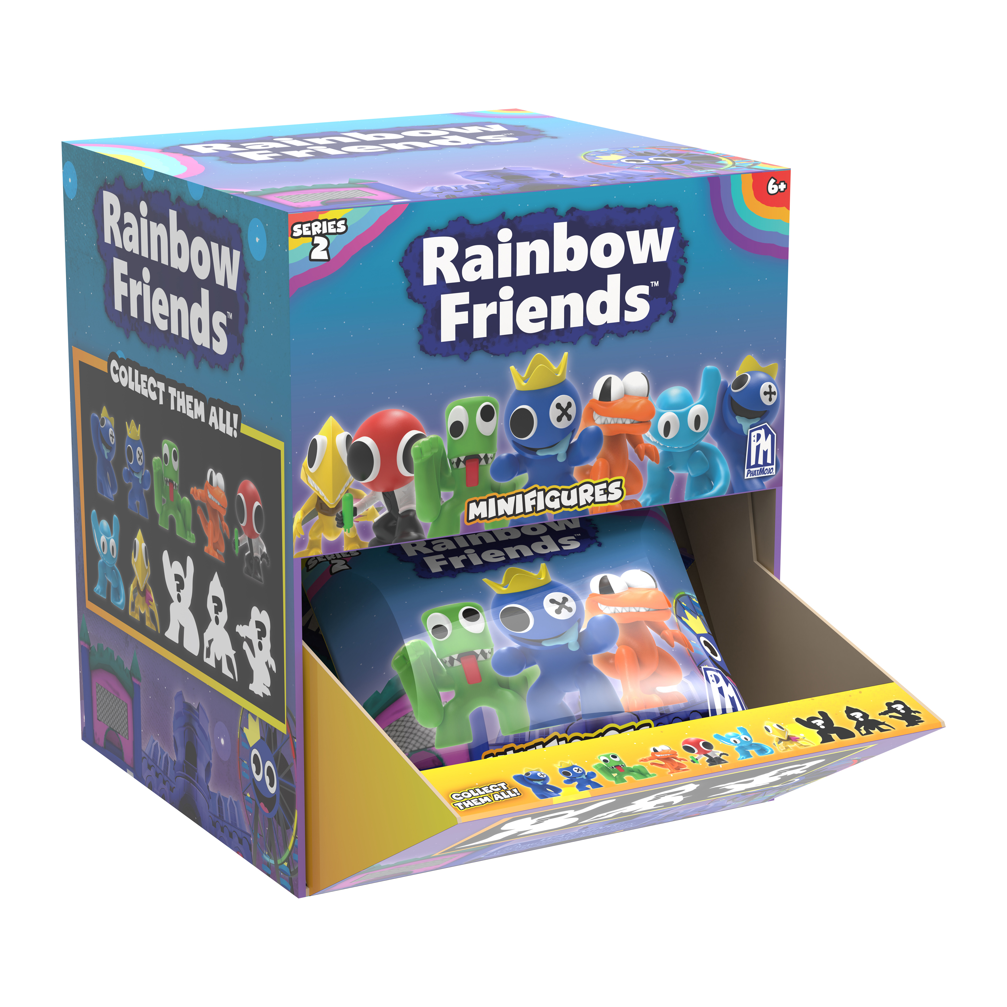 Kiste mit Rainbow Friends-Minifiguren. Die Kiste ist geöffnet, Figuren sichtbar.