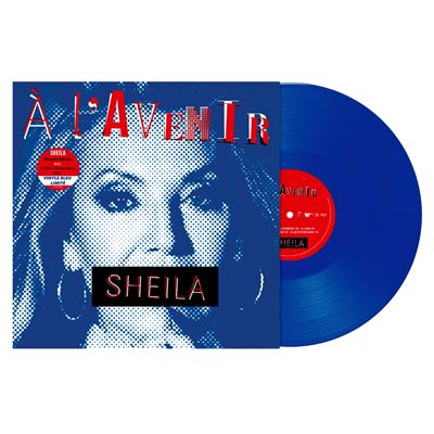 Albumhoes van Sheila's "À L'Avenir" vinylplaat. Blauwe vinyl, vrouwengezicht in rood en blauw. Witte achtergrond.