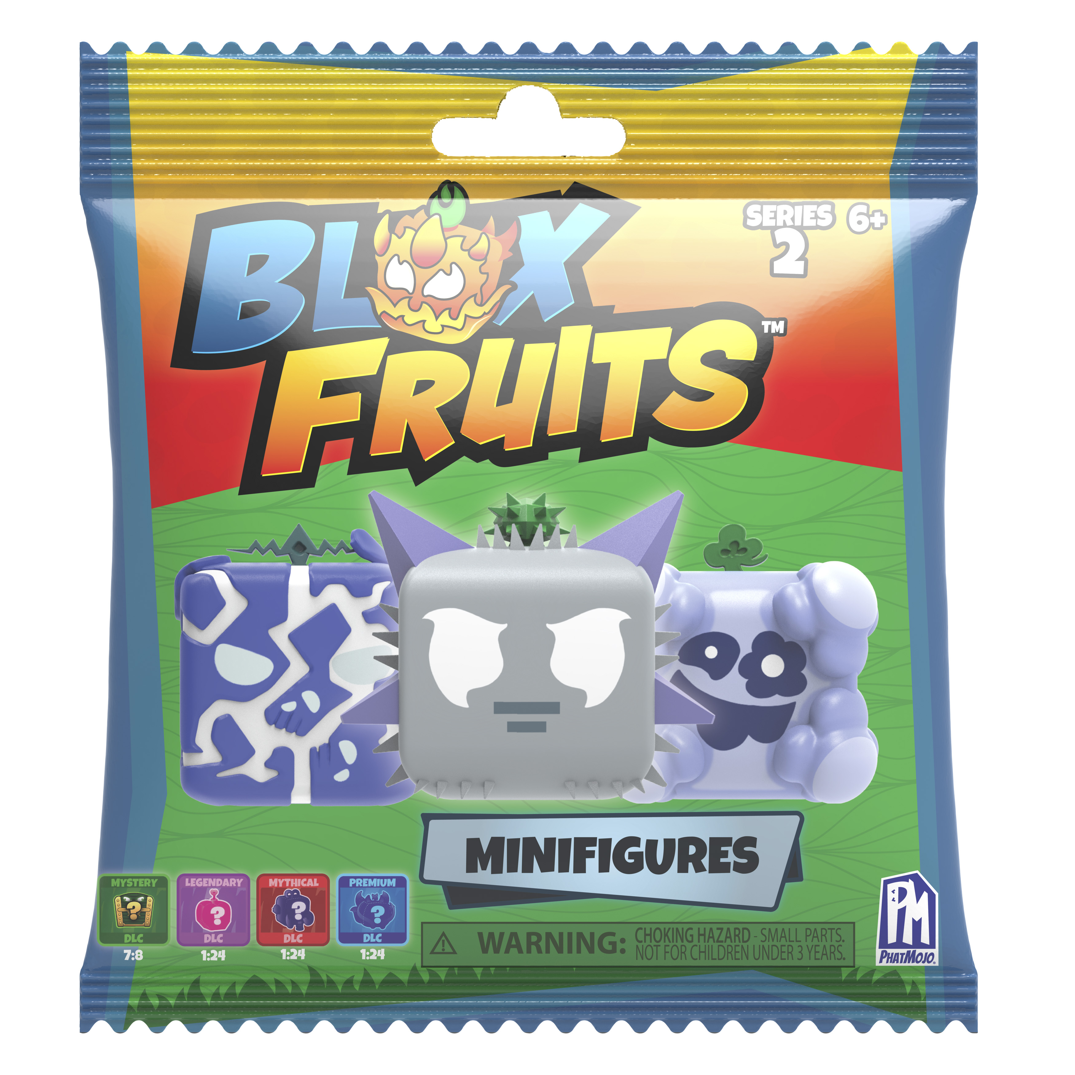 Eine Blox Fruits Minifiguren-Verpackung mit drei sichtbaren Figuren.