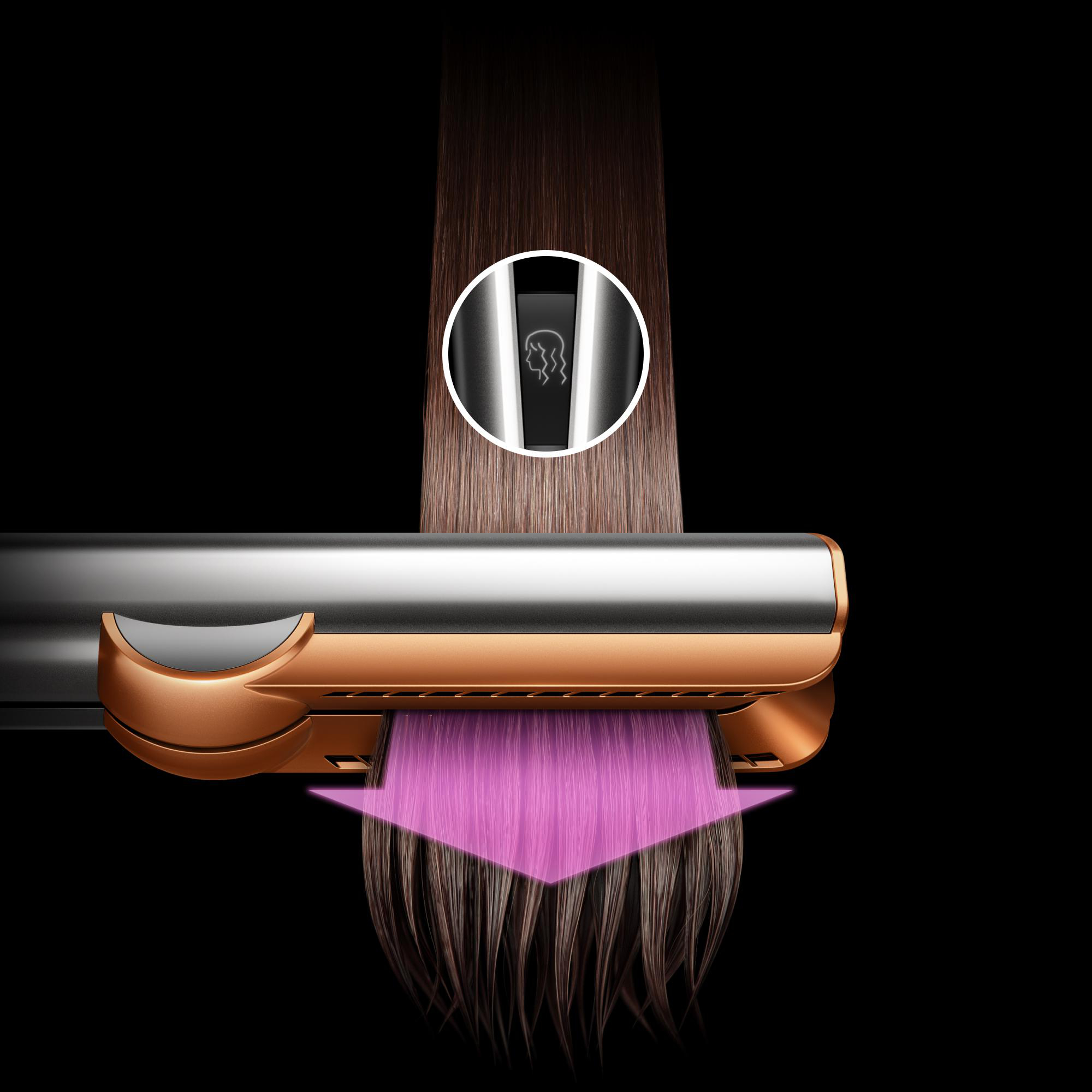 Haarglätter mit einem rosa Pfeil, der zeigt, wie Haare geglättet werden.