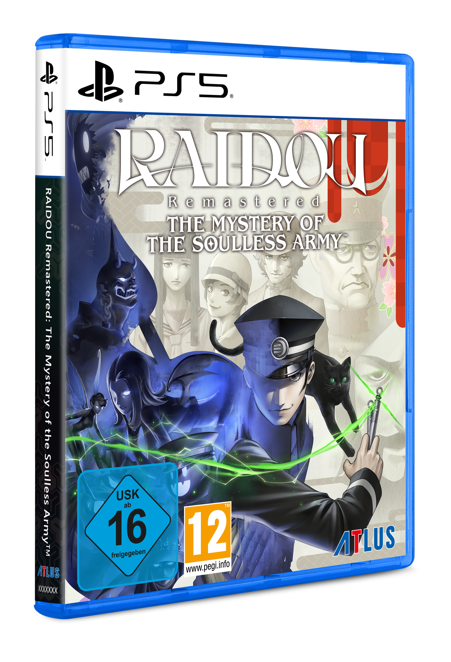 Spielcover für 'RAIDOU Remastered'. Zeigt eine Figur in Uniform, eine schwarze Katze und andere Charaktere.