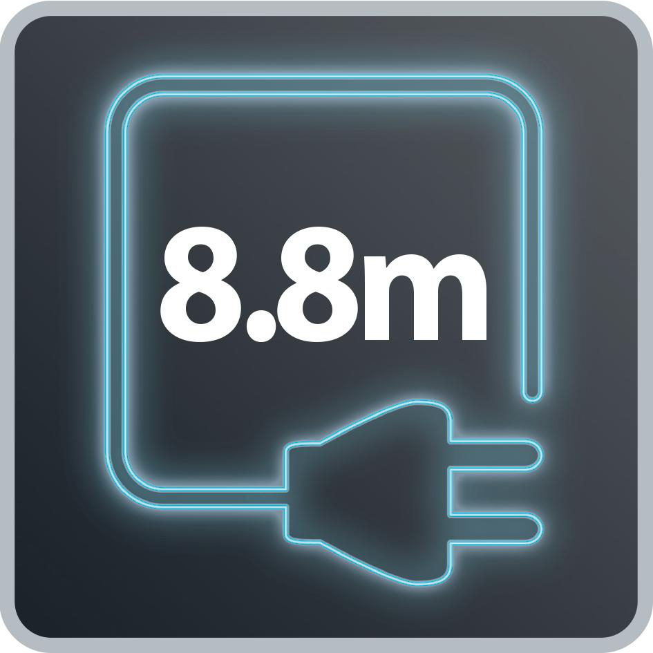 Ein neonbeleuchtetes Steckersymbol mit dem Text "8,8 m". Der Hintergrund ist dunkelgrau.