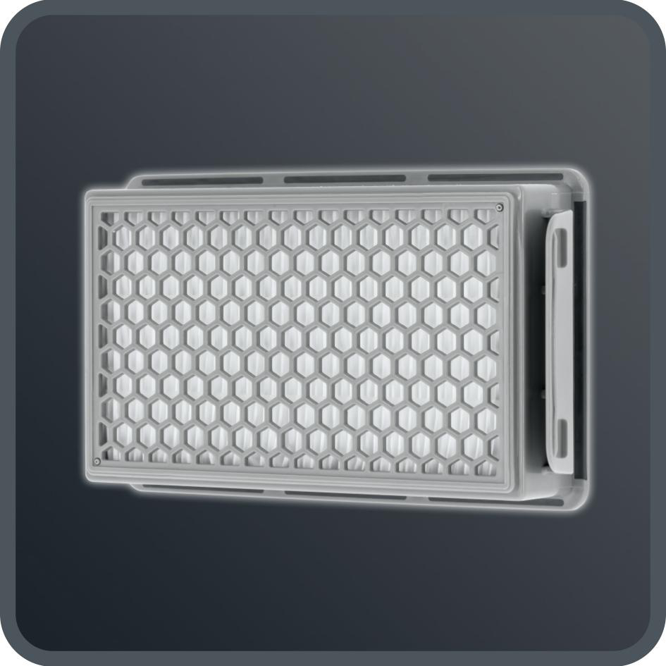 Ein Filter mit Wabenmuster. Der Rahmen ist grau und der Hintergrund dunkelgrau.