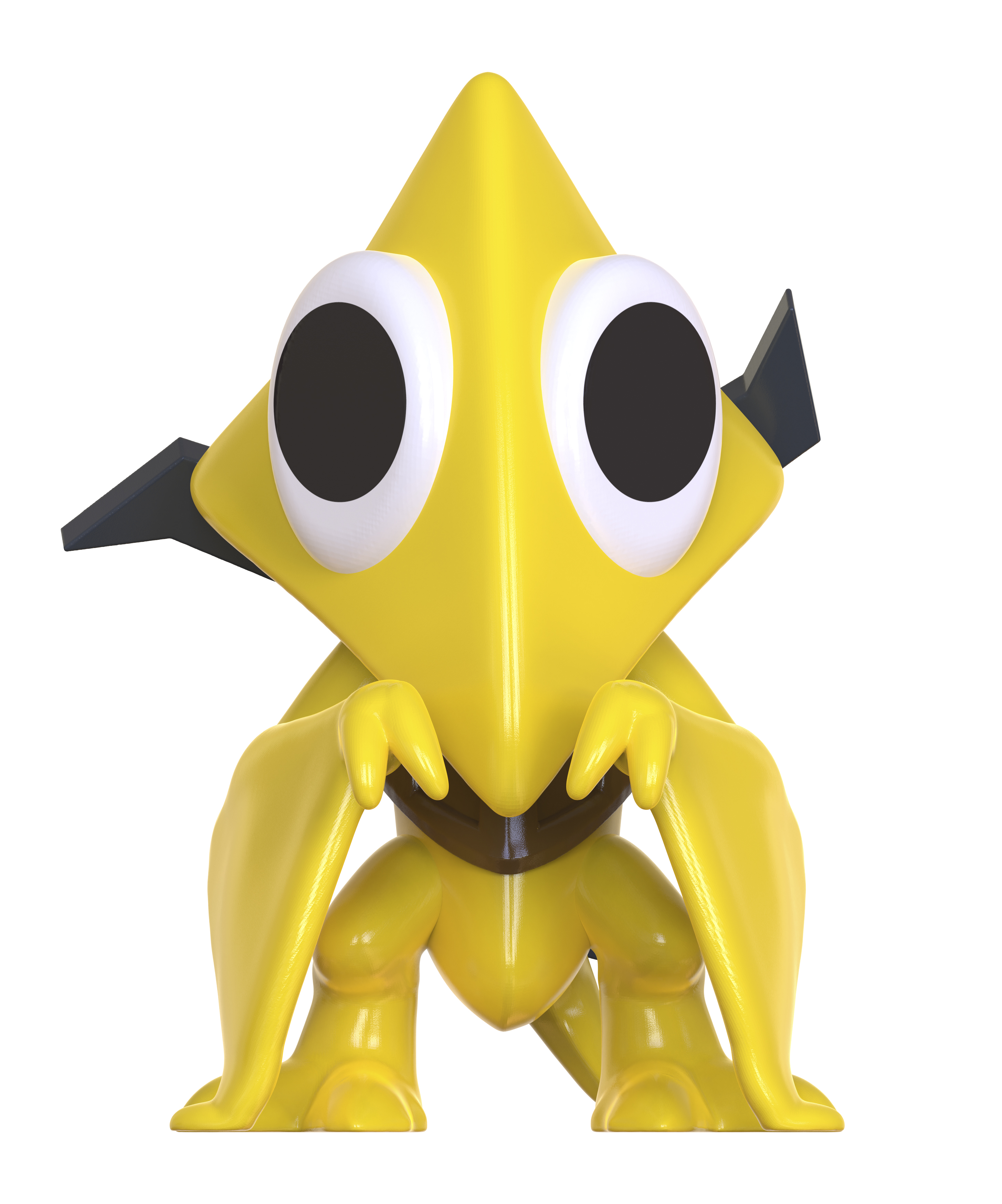 Eine gelbe Cartoonfigur mit großen schwarzen Augen und einem rautenförmigen Kopf, weißer Hintergrund.