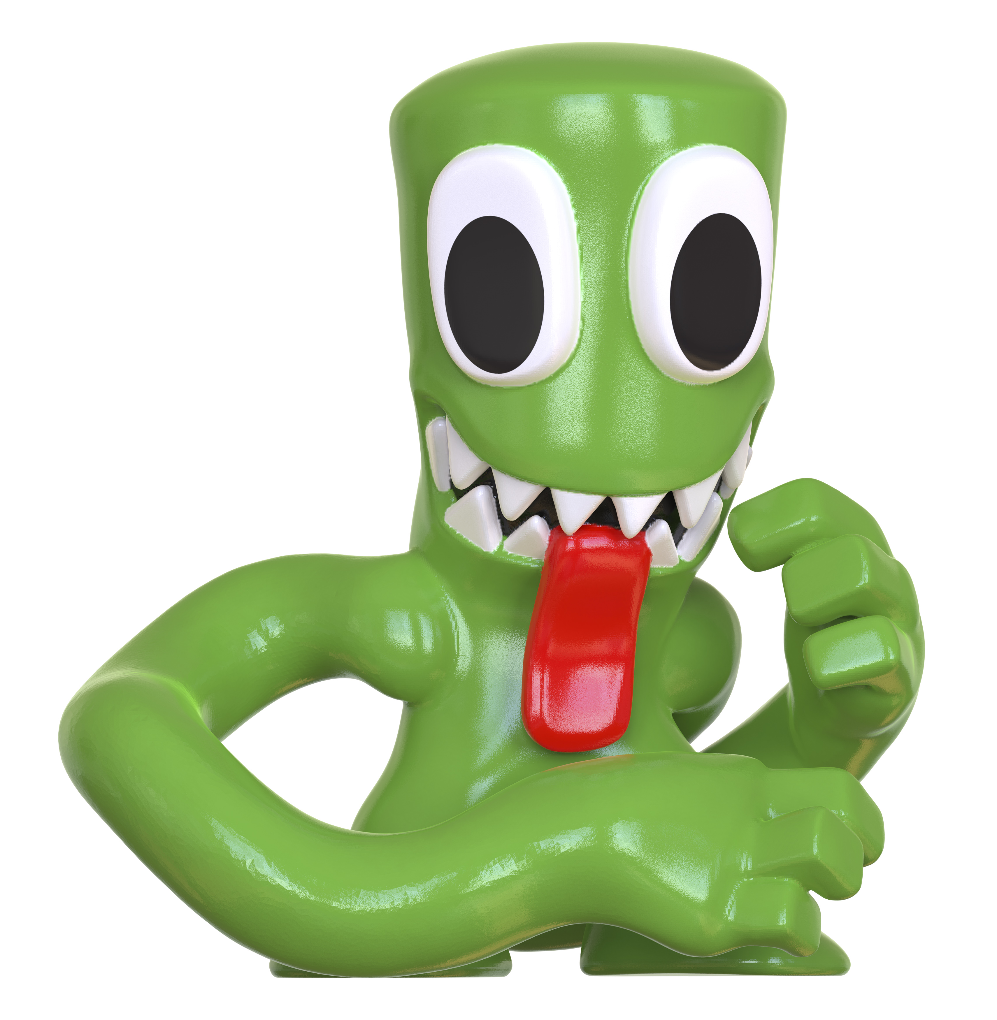 Ein grünes Cartoon-Monster mit großen Augen, scharfen Zähnen und einer roten Zunge.