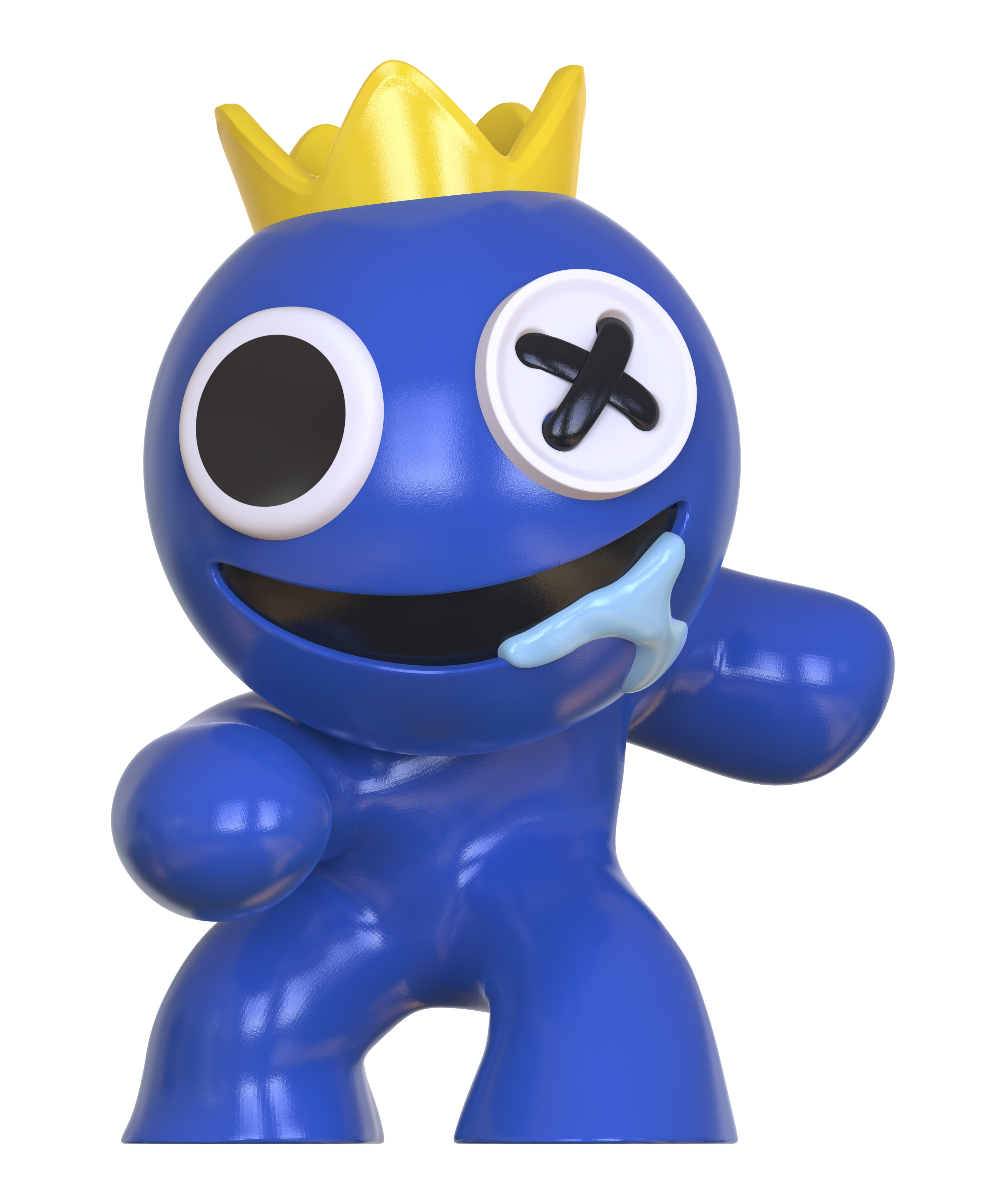 Blaue Cartoonfigur mit goldener Krone, schwarzem X-Auge und hellblauer Spucke.