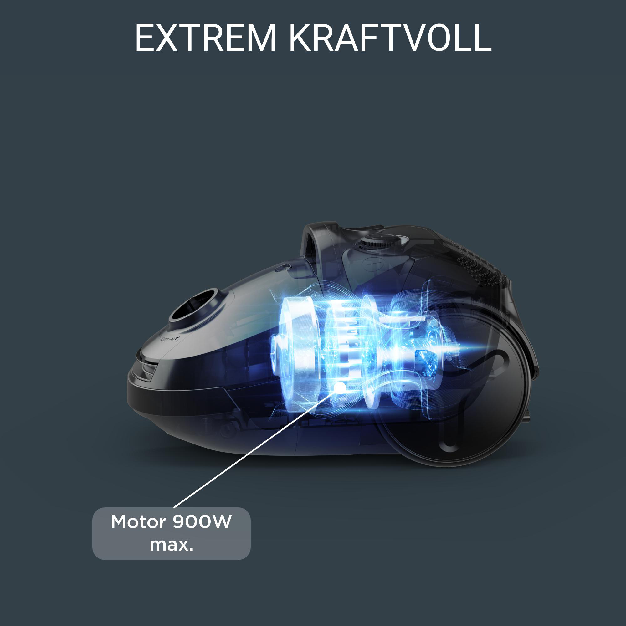 Ein Staubsauger mit sichtbarem Motor. Text: "EXTREM KRAFTVOLL" und "Motor 900W max."