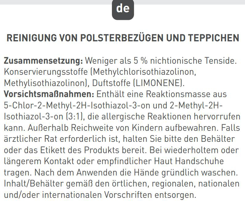 Text auf einem Reinigungsprodukt: Zusammensetzung, Vorsichtsmaßnahmen und Entsorgungshinweise.