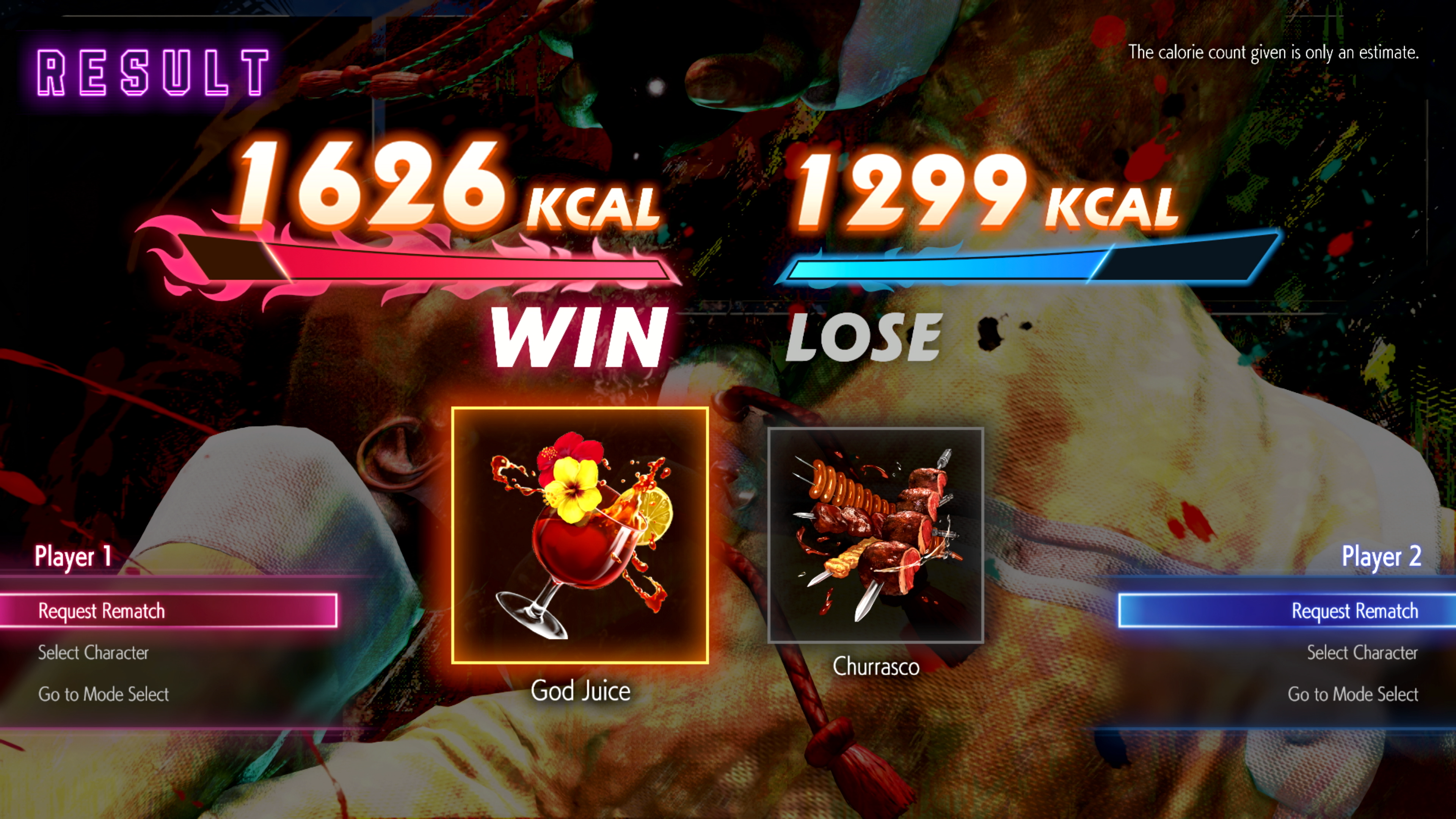 Schermata dei risultati di gioco con conteggio kcal e immagini di cibo, 'God Juice' e 'Churrasco'.