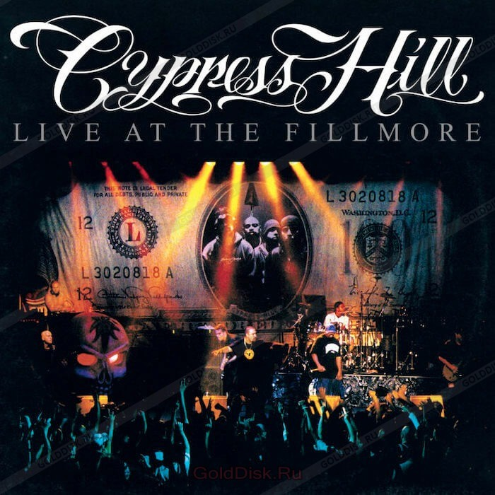 Cypress Hill albumhoes: bandleden op een podium, geldbeeld overlay en publiek.