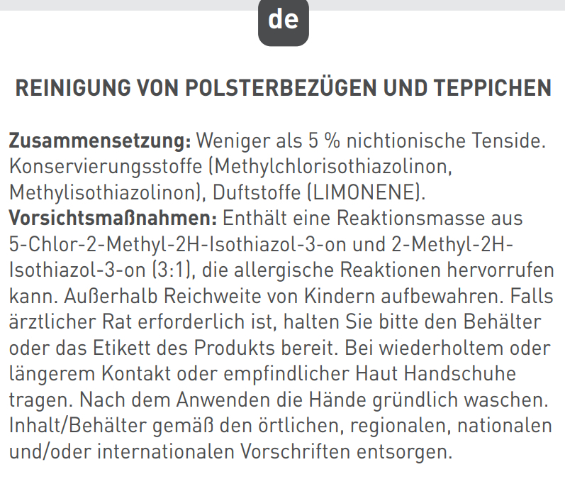 Text in deutscher Sprache über die Reinigung von Polstern und Teppichen, einschließlich Inhaltsstoffe und Vorsichtsmaßnahmen.