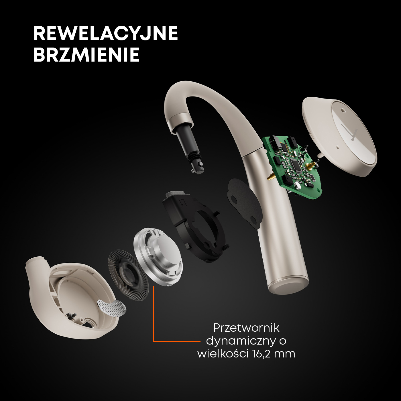 Słuchawka w częściach, pokazująca elementy wewnętrzne, kolor beżowy.