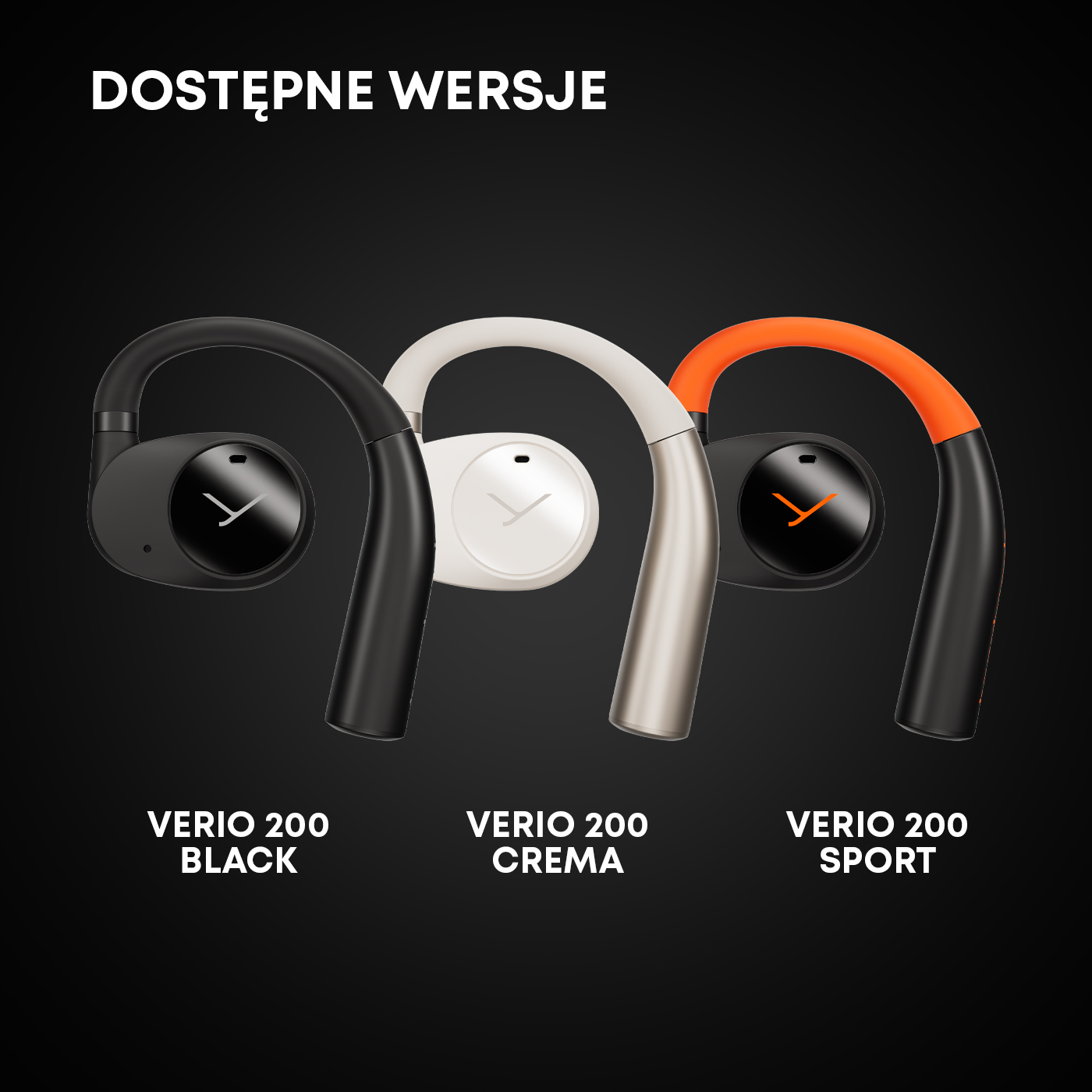Trzy słuchawki bezprzewodowe: czarne, białe i pomarańczowe. Czarne tło.