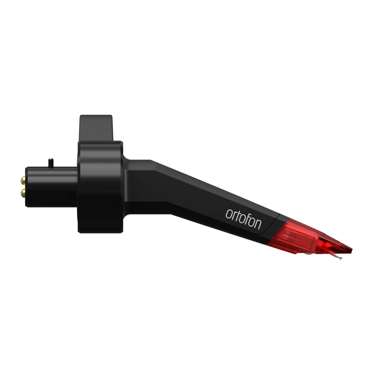 Schwarzer Ortofon-Tonabnehmer mit rotem Stift auf Schwarz.