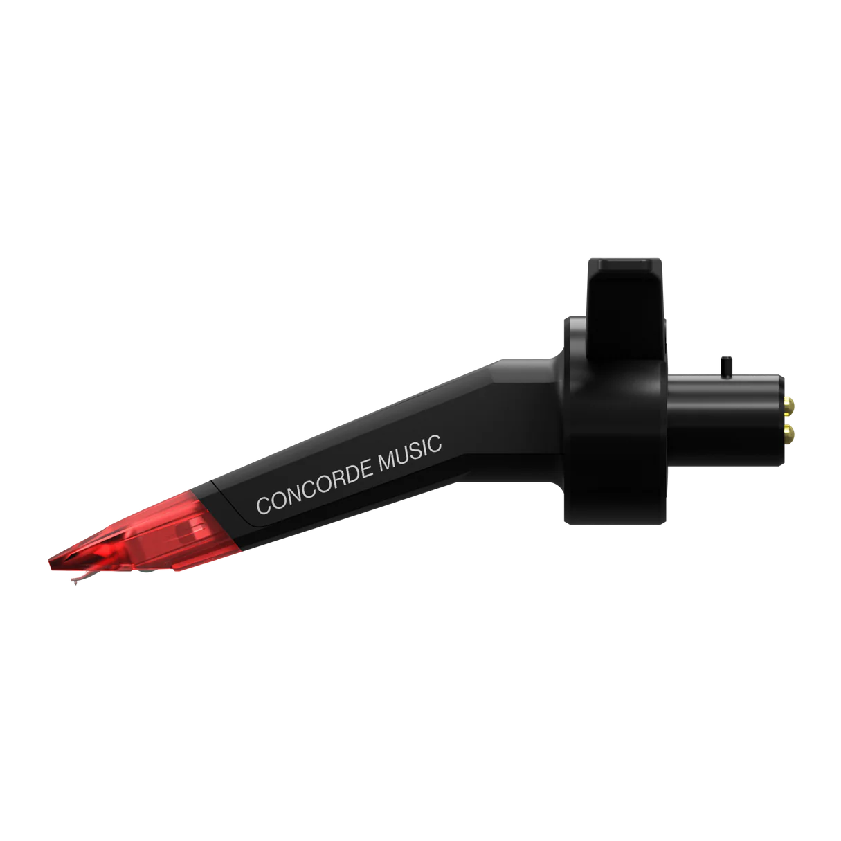 Eine schwarze Concorde Music-Kartusche mit rotem Stift, isoliert auf schwarzem Grund.