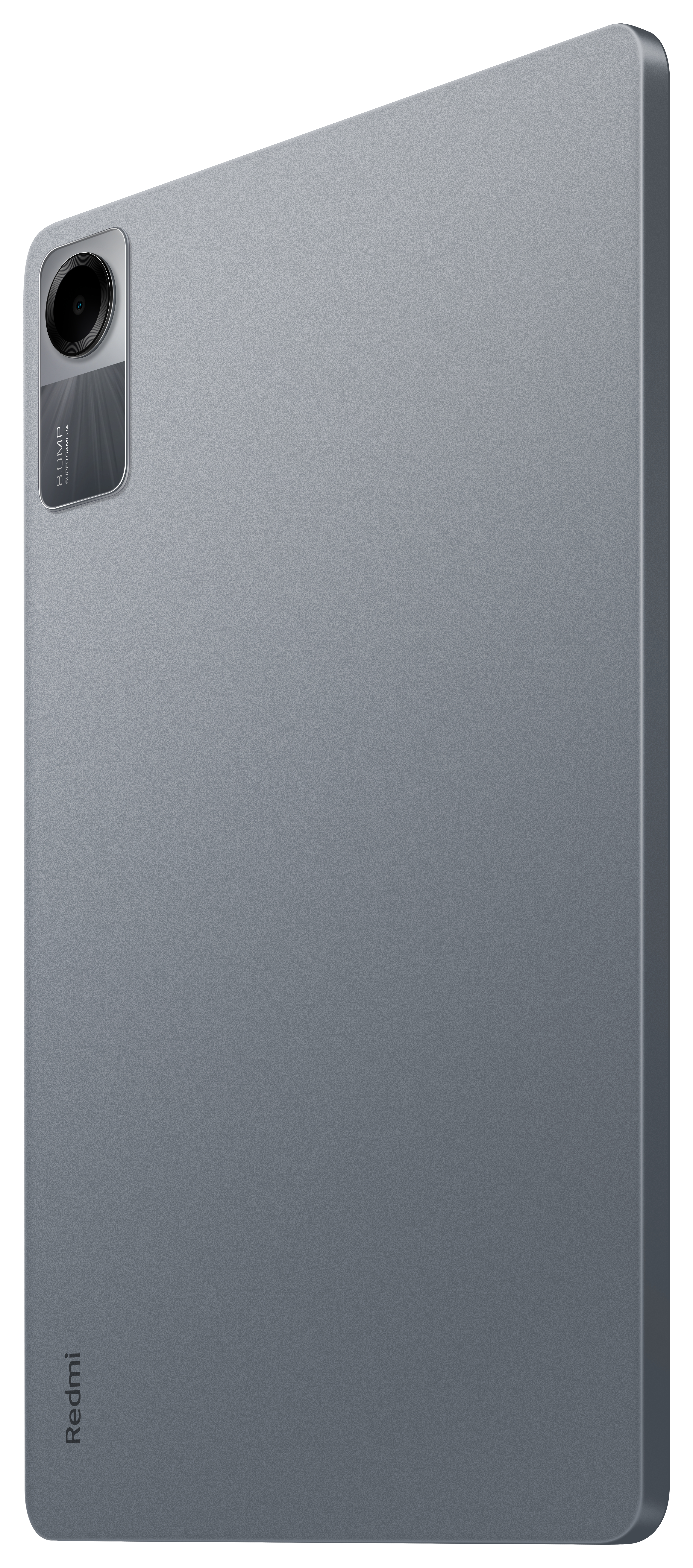 Graues Tablet auf weißem Hintergrund. Die Kameralinse und das Redmi-Logo sind sichtbar.