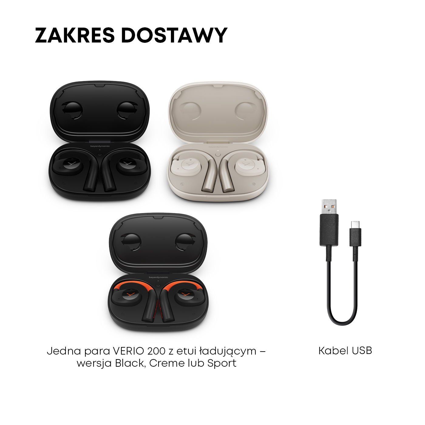 Trzy zestawy słuchawek Beyerdynamic VERIO 200 z kablem do ładowania USB-C.