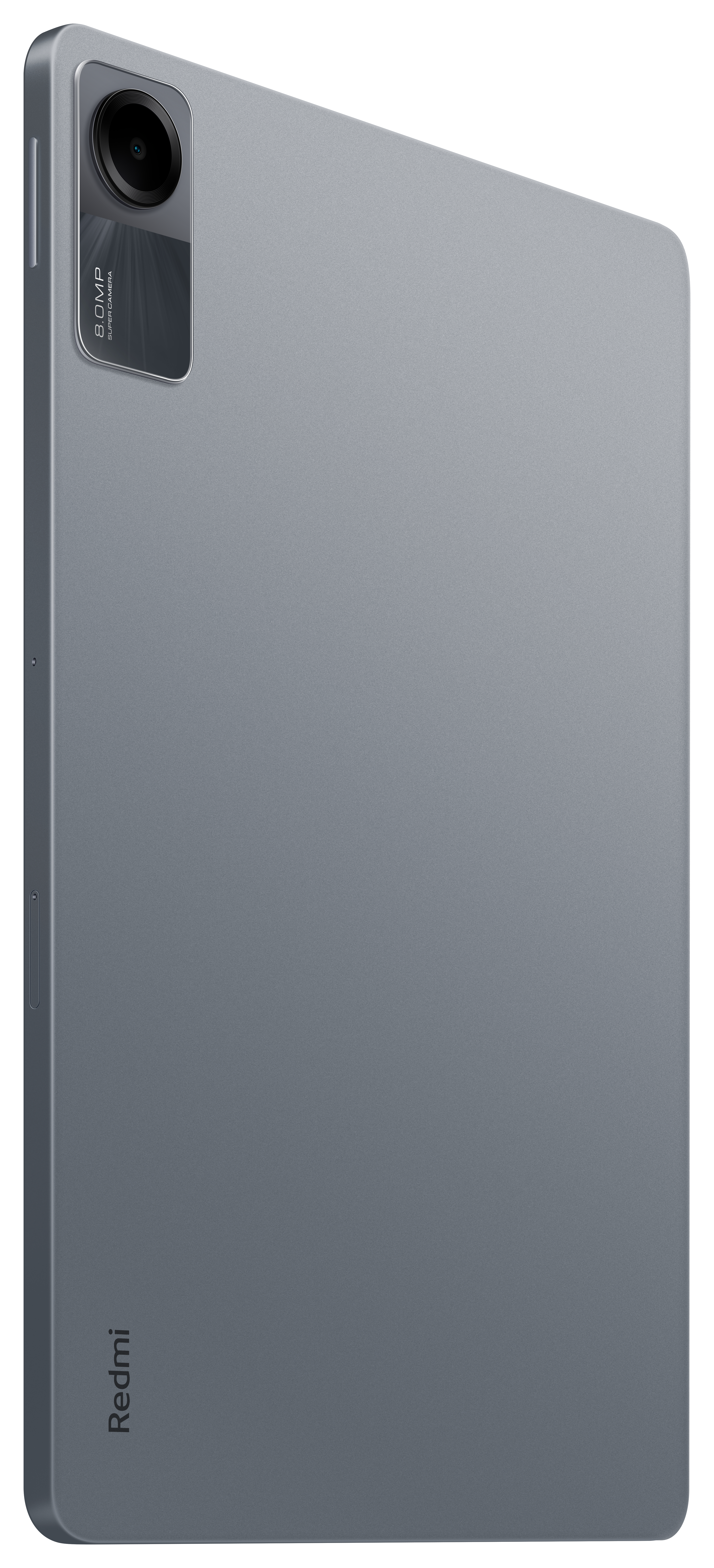 Ein graues Tablet auf weißem Hintergrund mit Kamera und Redmi-Logo.