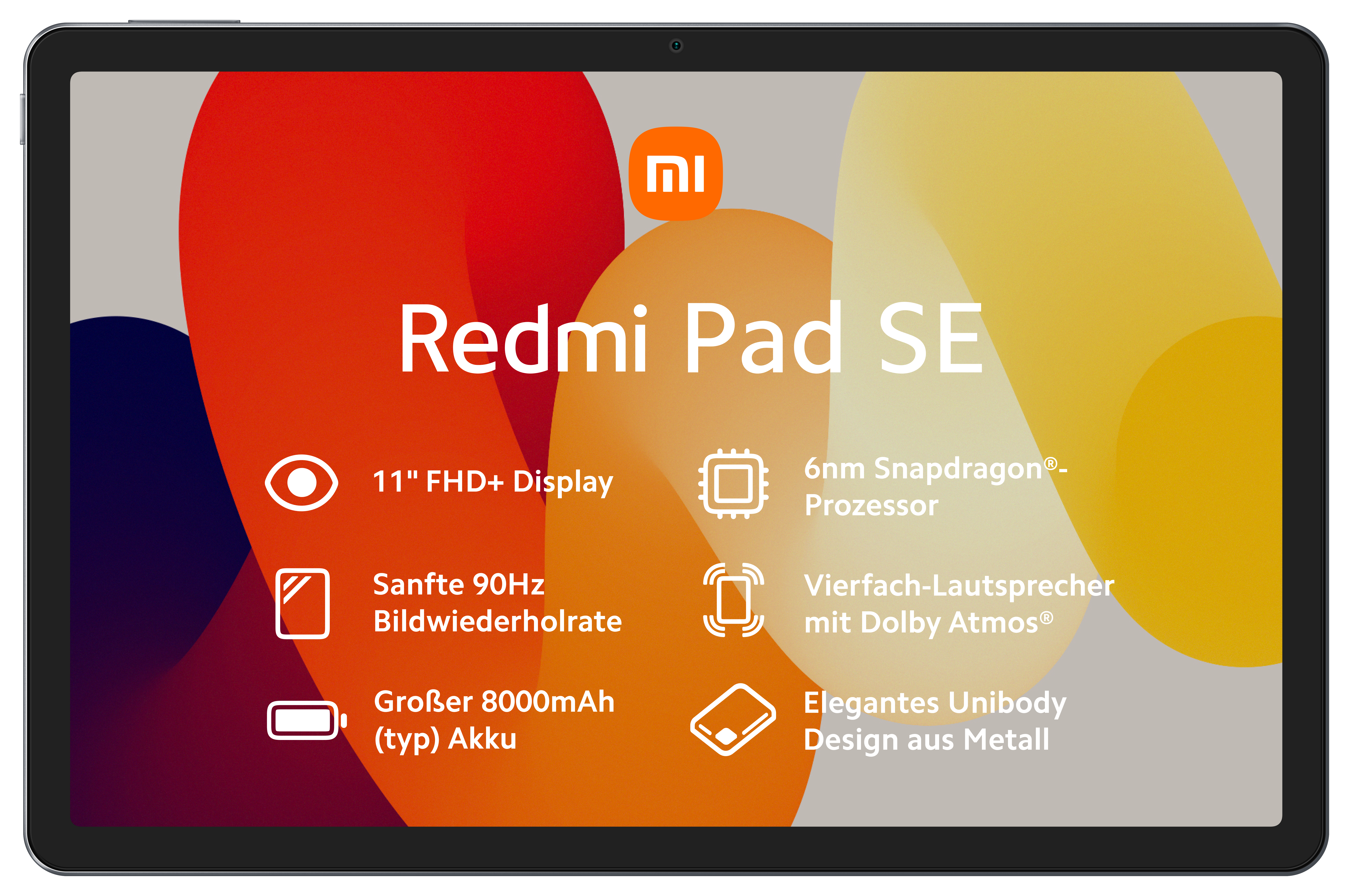 Ein schwarzes Tablet mit orangefarbenem Logo und Text, der seine Funktionen und Spezifikationen angibt.