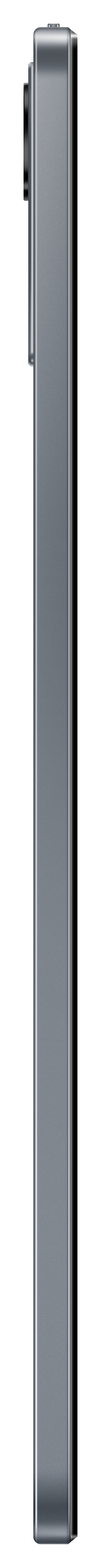 Ein schlankes, silbernes, rechteckiges Objekt, wahrscheinlich ein Telefon, von der Seite gesehen.