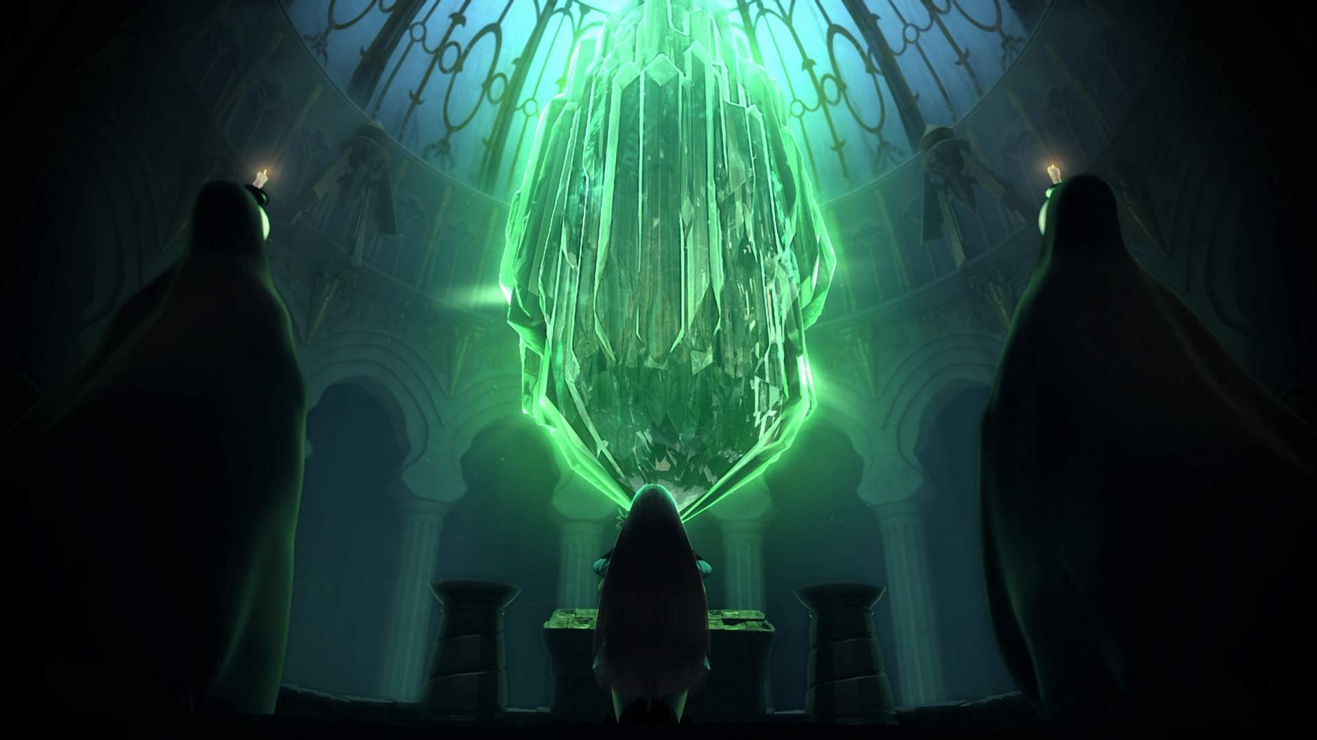 Una scena fantasy con un cristallo verde brillante e figure in abiti.